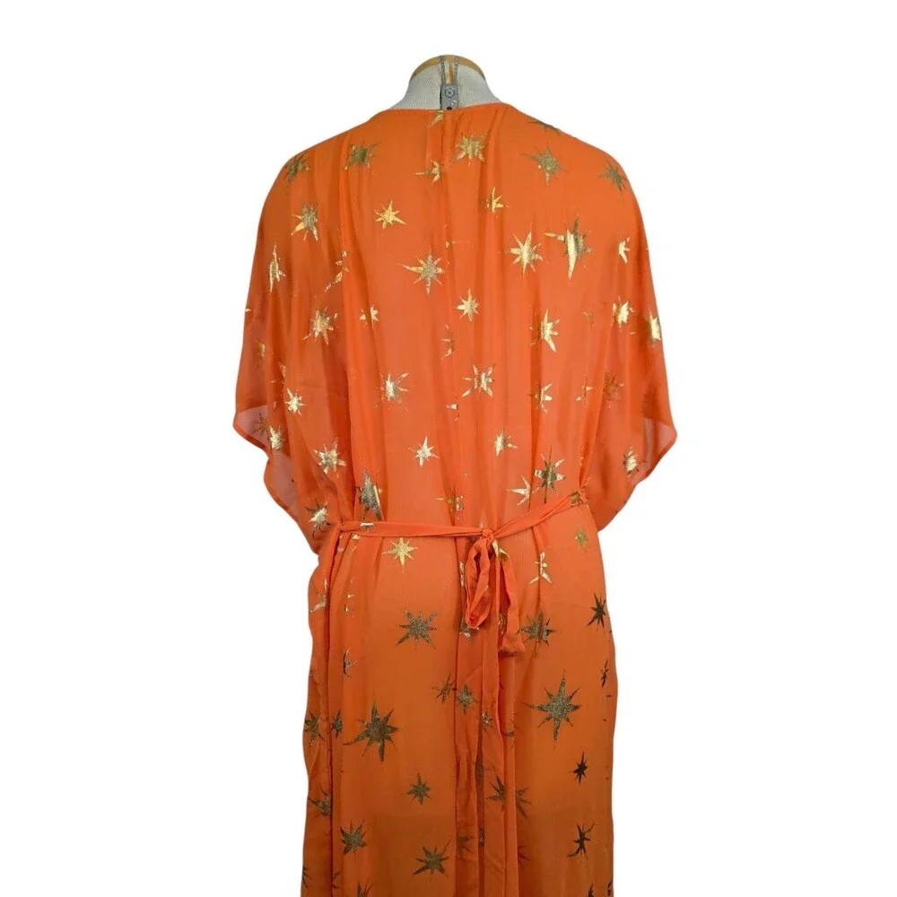 Swimsuits For All Womens 22/24  Orange Gold Foil Chiffon Maxi Cover Up Dress NWT